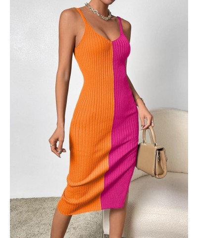 Women's 2023 Bodycon Midi Dress Colorblock Y2K Ribbed Knit Dress Orange Hot Pink $16.92 Dresses