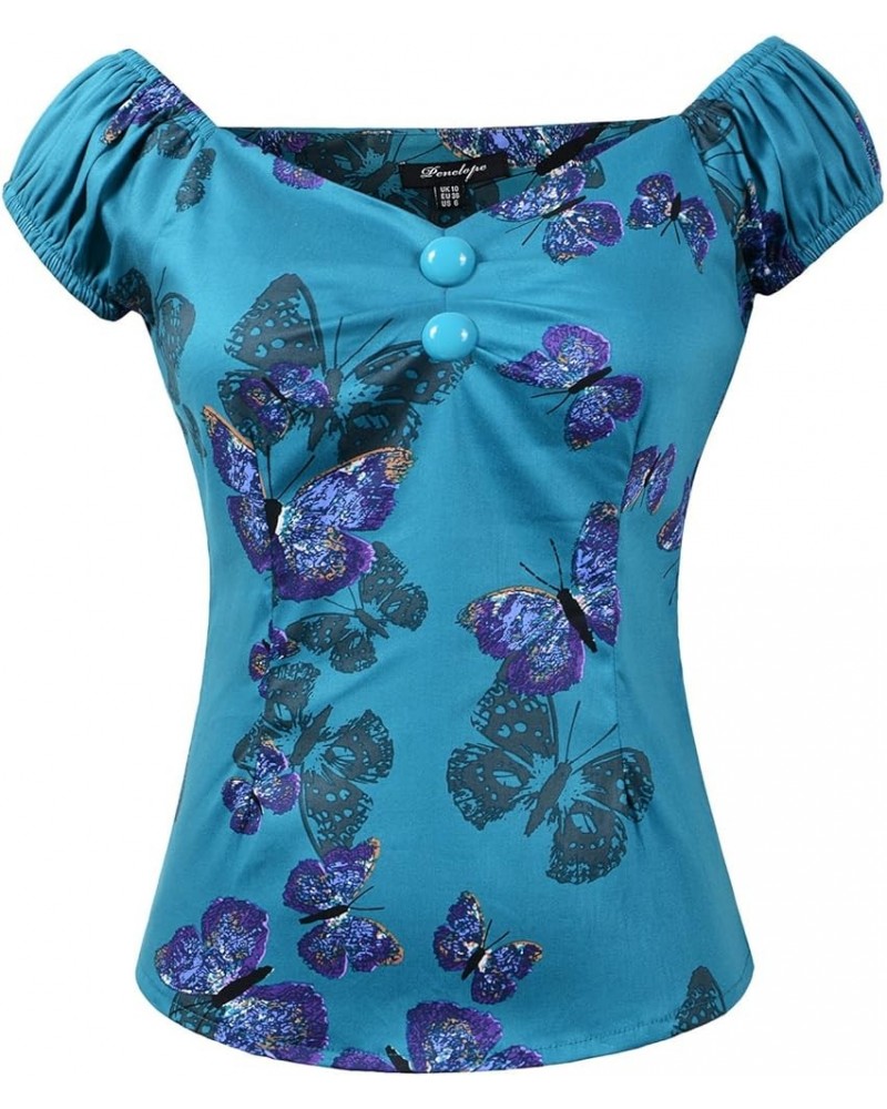 1950s Vintage Retro Dolores Top Rockabilly Pinup Butterfly&turquoise $13.16 Blouses