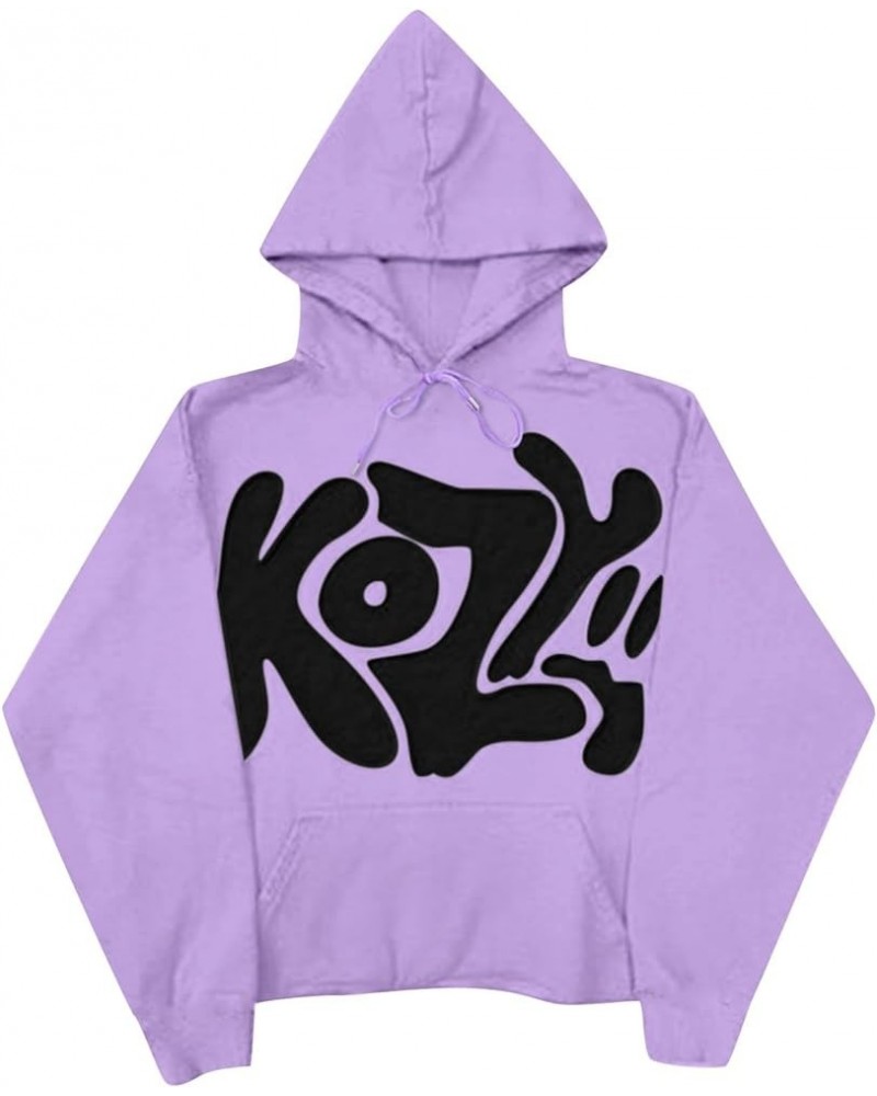 Women KOZY Letter Printed Pullover Hoodie Long Sleeved Solid Color Coat Blouse Casual Loose Top 2024 Fashion Purple $8.79 Hoo...