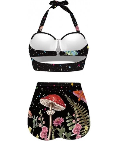 JEOCODY Women Two Piece Vintage Swimsuit Retro Halter Ruched High Waist Bikini with Bottom Mushroom and Butterfly Printed $16...