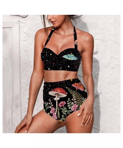 JEOCODY Women Two Piece Vintage Swimsuit Retro Halter Ruched High Waist Bikini with Bottom Mushroom and Butterfly Printed $16...