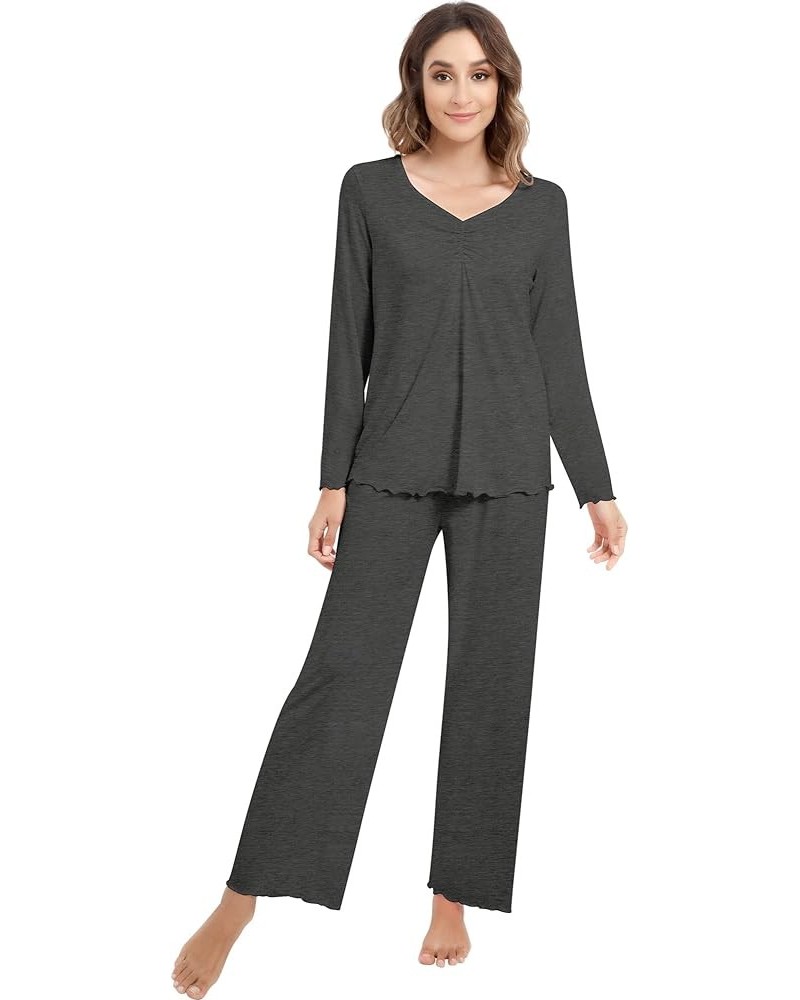 Pajamas Set for Women- Viscose Made from Bamboo, Long Sleeve Pjs Soft Sleepwear Comfy Loungewear Sets with Pants D-dark Charc...