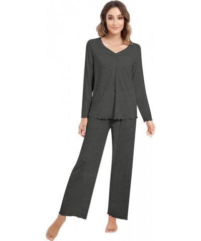 Pajamas Set for Women- Viscose Made from Bamboo, Long Sleeve Pjs Soft Sleepwear Comfy Loungewear Sets with Pants D-dark Charc...