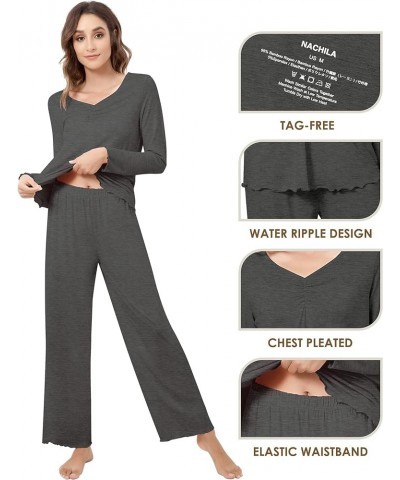 Pajamas Set for Women- Viscose Made from Bamboo, Long Sleeve Pjs Soft Sleepwear Comfy Loungewear Sets with Pants D-dark Charc...