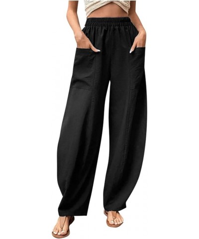 Women's Retro Cotton Linen Drawstring Trousers Fashion Bohemian Printed Pants Casual Wide Leg Pants with Pocket Black-1 $5.00...