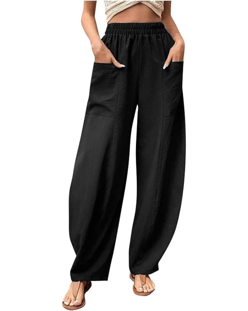 Women's Retro Cotton Linen Drawstring Trousers Fashion Bohemian Printed Pants Casual Wide Leg Pants with Pocket Black-1 $5.00...