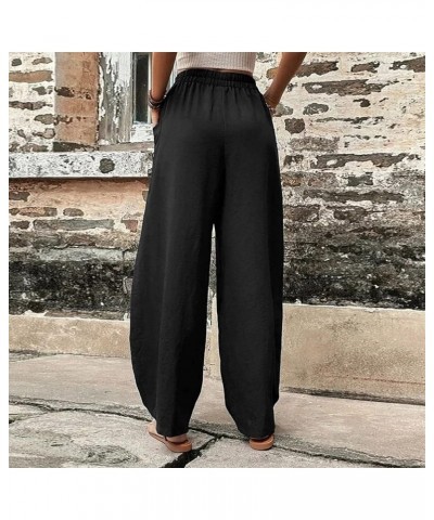 Women's Retro Cotton Linen Drawstring Trousers Fashion Bohemian Printed Pants Casual Wide Leg Pants with Pocket Black-1 $5.00...