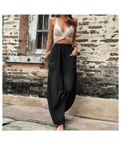 Women's Retro Cotton Linen Drawstring Trousers Fashion Bohemian Printed Pants Casual Wide Leg Pants with Pocket Black-1 $5.00...