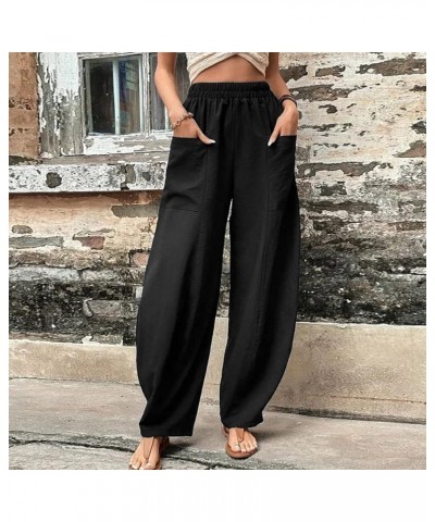 Women's Retro Cotton Linen Drawstring Trousers Fashion Bohemian Printed Pants Casual Wide Leg Pants with Pocket Black-1 $5.00...