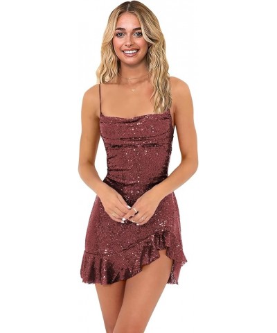 Sequin Cowl Neck Homecoming Dresses for Teens Sparkly Prom Dress Short Spaghetti Strap Cocktail Gowns Burgundy $28.31 Dresses