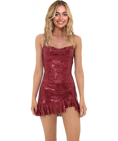 Sequin Cowl Neck Homecoming Dresses for Teens Sparkly Prom Dress Short Spaghetti Strap Cocktail Gowns Burgundy $28.31 Dresses