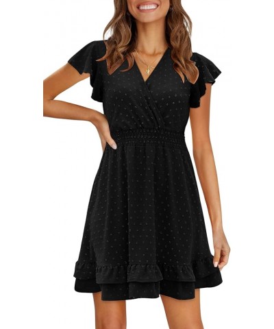 Womens Summer Dresses Wrap V-Neck Ruffle Sleeve Swiss Dot Casual Mini Dress 1 Black $16.80 Dresses