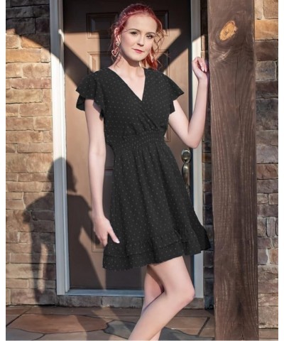 Womens Summer Dresses Wrap V-Neck Ruffle Sleeve Swiss Dot Casual Mini Dress 1 Black $16.80 Dresses