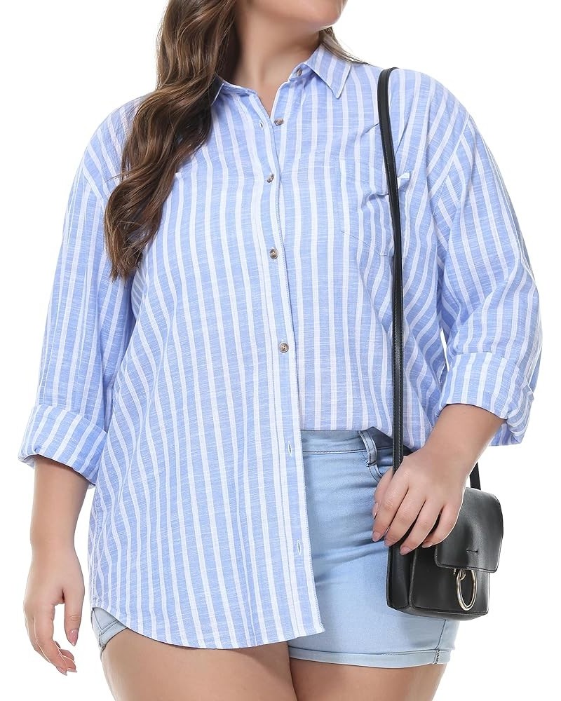 Women's Oversized Linen Button Down Shirts Plus Size Boyfriend Shirt Casual Long Sleeve Solid Striped Blouse (S-4X) Plus Size...