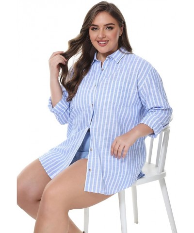 Women's Oversized Linen Button Down Shirts Plus Size Boyfriend Shirt Casual Long Sleeve Solid Striped Blouse (S-4X) Plus Size...