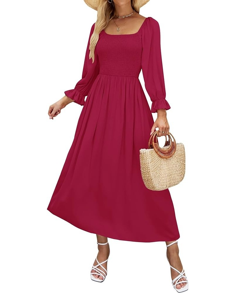 Women's Casual Square Neck 3/4 Puff Sleeve Solid Color Smocked High Waist Flowy Midi Dress Fuchsia $15.05 Dresses