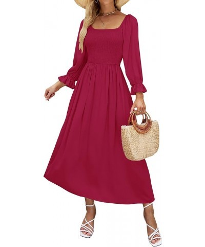 Women's Casual Square Neck 3/4 Puff Sleeve Solid Color Smocked High Waist Flowy Midi Dress Fuchsia $15.05 Dresses