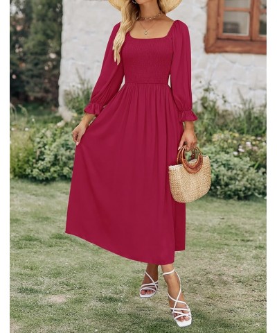 Women's Casual Square Neck 3/4 Puff Sleeve Solid Color Smocked High Waist Flowy Midi Dress Fuchsia $15.05 Dresses