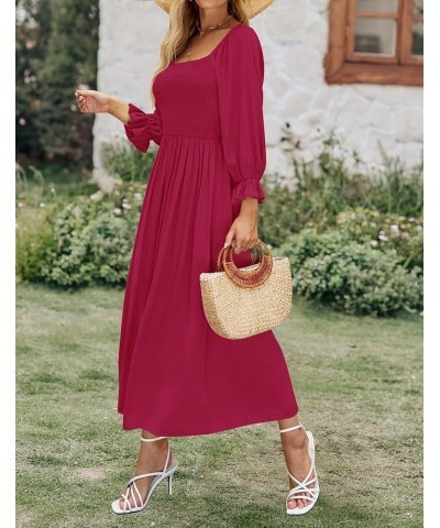 Women's Casual Square Neck 3/4 Puff Sleeve Solid Color Smocked High Waist Flowy Midi Dress Fuchsia $15.05 Dresses