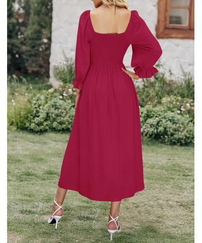 Women's Casual Square Neck 3/4 Puff Sleeve Solid Color Smocked High Waist Flowy Midi Dress Fuchsia $15.05 Dresses