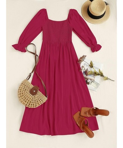 Women's Casual Square Neck 3/4 Puff Sleeve Solid Color Smocked High Waist Flowy Midi Dress Fuchsia $15.05 Dresses