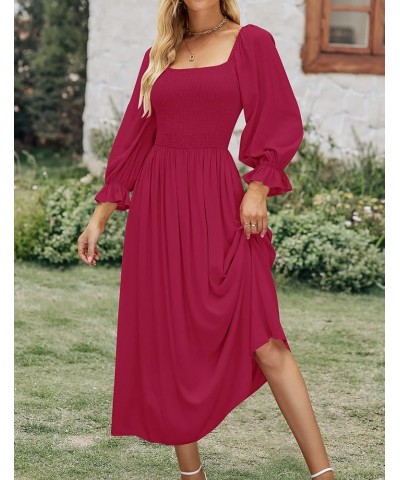 Women's Casual Square Neck 3/4 Puff Sleeve Solid Color Smocked High Waist Flowy Midi Dress Fuchsia $15.05 Dresses