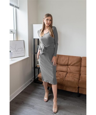 Women's Long Sleeve Square Neck Slit Bodycon Sweater Dress Tie Waist Ribbed Slim Fit Knit Midi Dress Dark Grey $13.49 Dresses