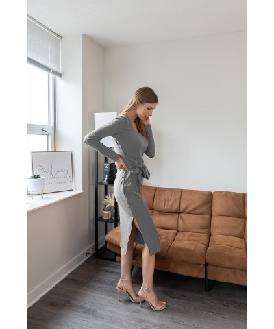 Women's Long Sleeve Square Neck Slit Bodycon Sweater Dress Tie Waist Ribbed Slim Fit Knit Midi Dress Dark Grey $13.49 Dresses