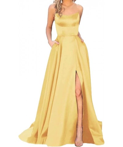 Split Formal Evening Gowns Spaghetti Straps Satin Prom Dresses Long with Pockets Womens Yellow $24.20 Dresses