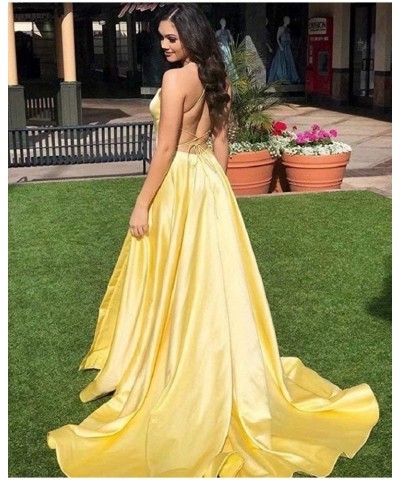 Split Formal Evening Gowns Spaghetti Straps Satin Prom Dresses Long with Pockets Womens Yellow $24.20 Dresses