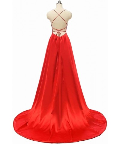 Split Formal Evening Gowns Spaghetti Straps Satin Prom Dresses Long with Pockets Womens Yellow $24.20 Dresses