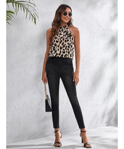 Women's Leopard Print Halter Top Shirt Casual Button Sleeveless Vest Multi Animal $9.89 Vests