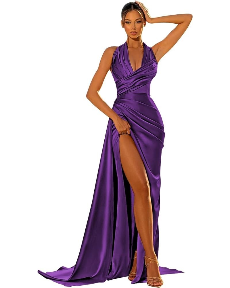 Women's Mermaid Satin Prom Dresses Long Ball Gown Halter Ruched Formal Evening Party Dress Purple $27.95 Dresses