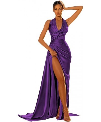 Women's Mermaid Satin Prom Dresses Long Ball Gown Halter Ruched Formal Evening Party Dress Purple $27.95 Dresses