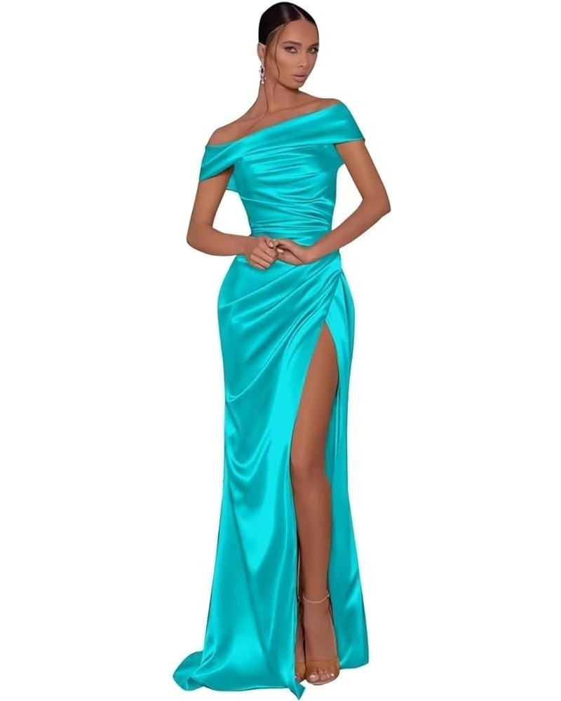 Off Shoulder Prom Dresses for Women Mermaid Satin Long Formal Bridesmaid Dresses with Slit Turquoise $32.99 Dresses