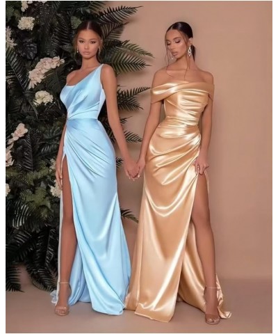 Off Shoulder Prom Dresses for Women Mermaid Satin Long Formal Bridesmaid Dresses with Slit Turquoise $32.99 Dresses