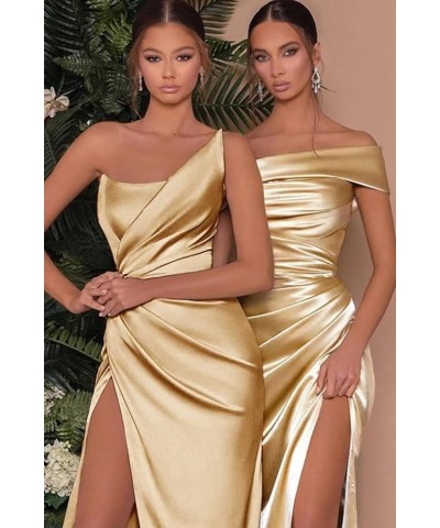 Off Shoulder Prom Dresses for Women Mermaid Satin Long Formal Bridesmaid Dresses with Slit Turquoise $32.99 Dresses