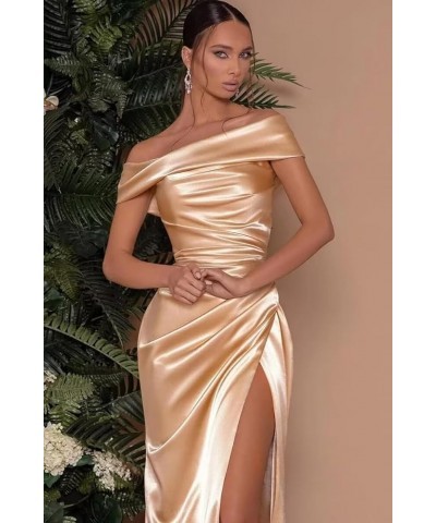 Off Shoulder Prom Dresses for Women Mermaid Satin Long Formal Bridesmaid Dresses with Slit Turquoise $32.99 Dresses