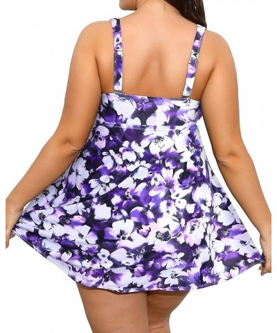 Plus Size Two Piece Swim Dress Tankini Swimsuits for Women Flowy Bathing Suits with Boyshort Purple Flower $14.10 Swimsuits