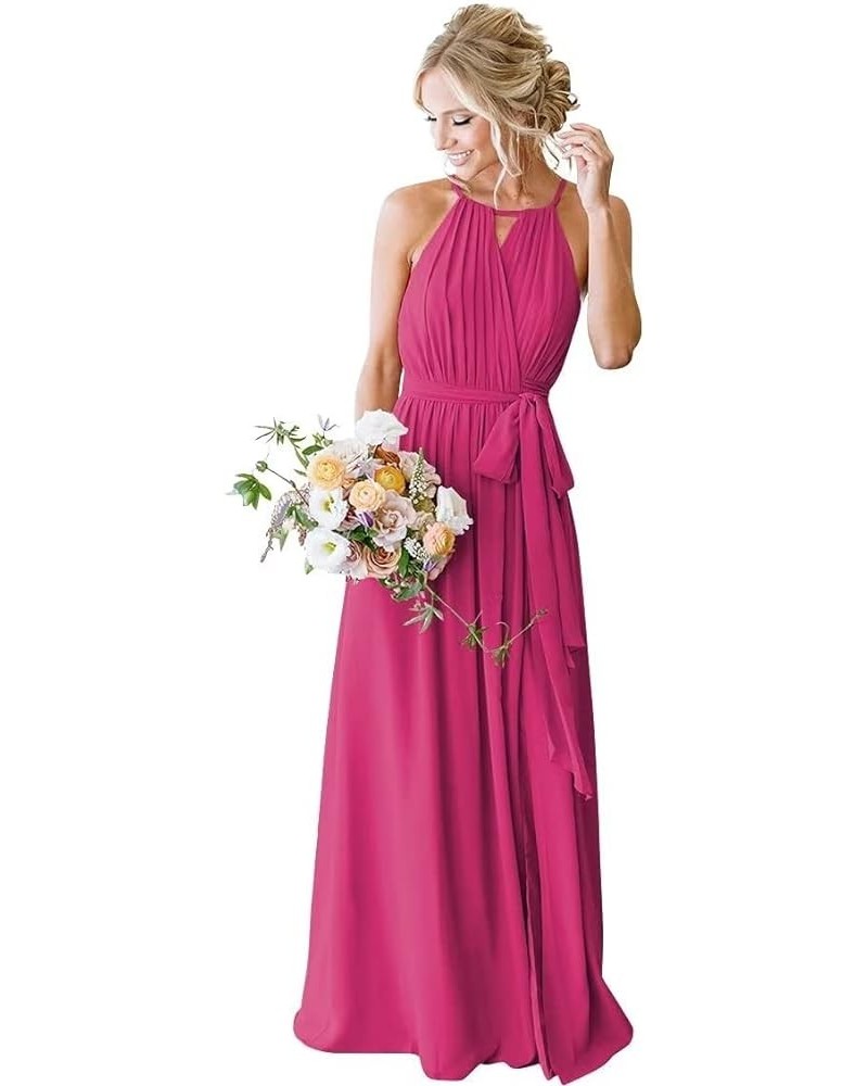 Halter Bridesmaid Dresses for Wedding Pleated Chiffon Long Formal Dresses with Slit Fuchsia $29.49 Dresses