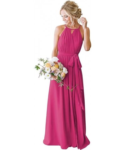 Halter Bridesmaid Dresses for Wedding Pleated Chiffon Long Formal Dresses with Slit Fuchsia $29.49 Dresses