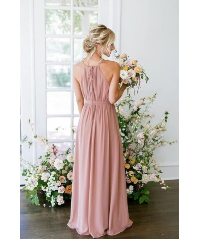 Halter Bridesmaid Dresses for Wedding Pleated Chiffon Long Formal Dresses with Slit Fuchsia $29.49 Dresses