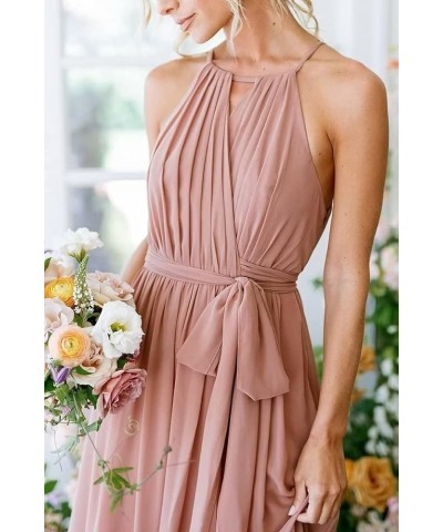 Halter Bridesmaid Dresses for Wedding Pleated Chiffon Long Formal Dresses with Slit Fuchsia $29.49 Dresses