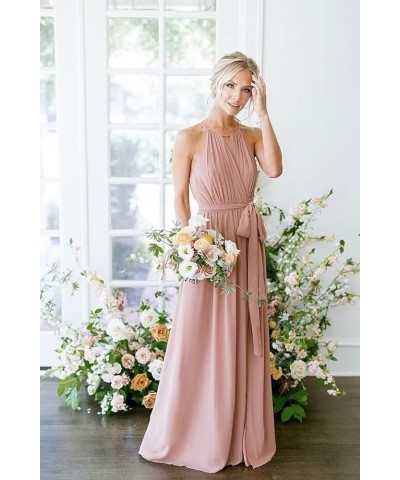 Halter Bridesmaid Dresses for Wedding Pleated Chiffon Long Formal Dresses with Slit Fuchsia $29.49 Dresses