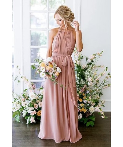 Halter Bridesmaid Dresses for Wedding Pleated Chiffon Long Formal Dresses with Slit Fuchsia $29.49 Dresses