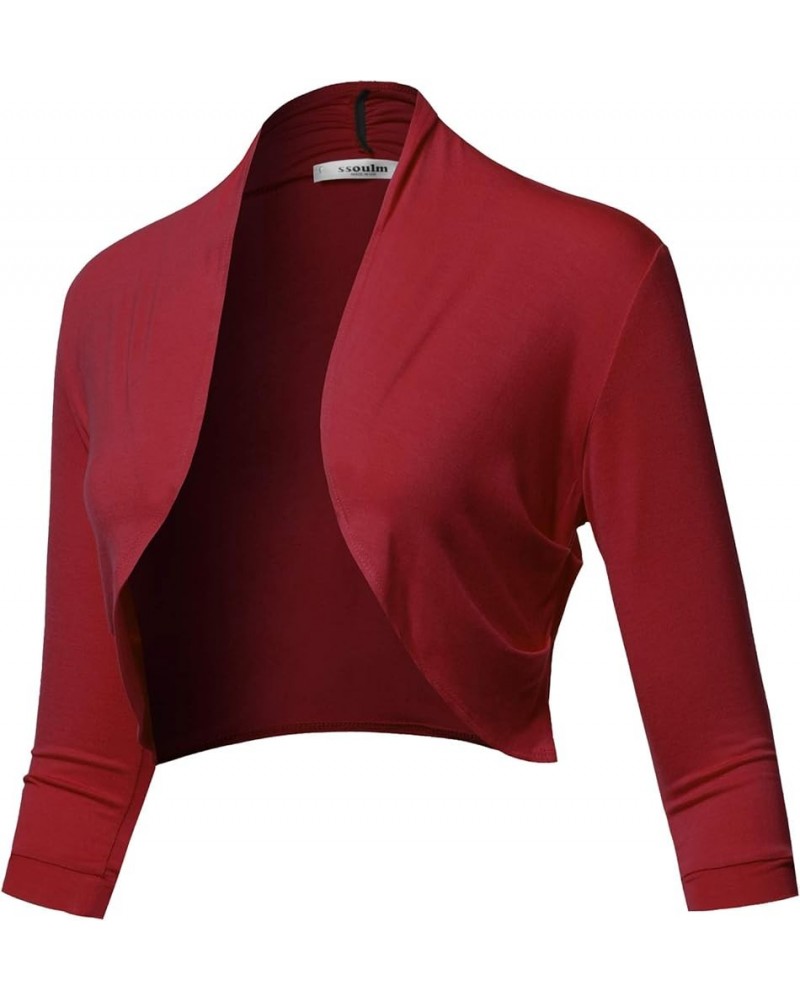 Women's 3/4 Sleeve Open Front Bolero Shrug Cardigan with Plus Size Sca005_burgundy $14.99 Sweaters