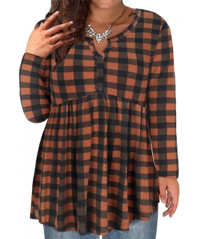 Plus Size Tunic Long Sleeve Flowy Blouses For Women V Neck Swing Tops Solid/Floral/Plaid (XL-5XL) 3635-orange Plaid $13.80 Tops