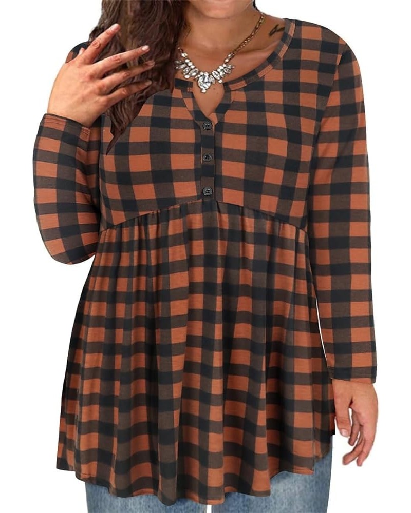 Plus Size Tunic Long Sleeve Flowy Blouses For Women V Neck Swing Tops Solid/Floral/Plaid (XL-5XL) 3635-orange Plaid $13.80 Tops