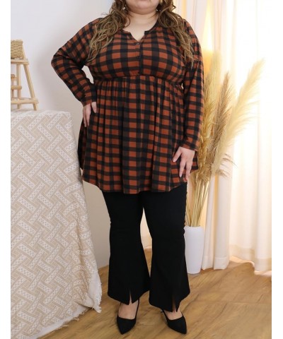 Plus Size Tunic Long Sleeve Flowy Blouses For Women V Neck Swing Tops Solid/Floral/Plaid (XL-5XL) 3635-orange Plaid $13.80 Tops