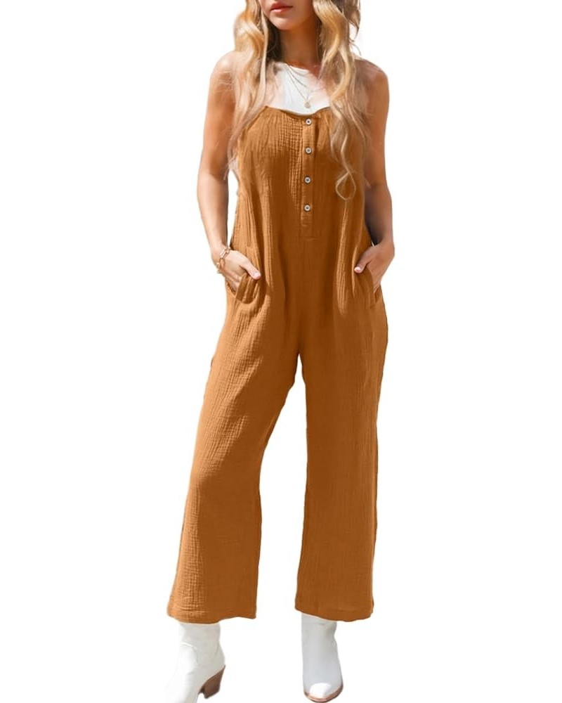 Women's Casual Loose Sleeveless Jumpsuits Spaghetti Strap Long Romper Overalls Summer Holiday Outfits With Pockets Brown $10....